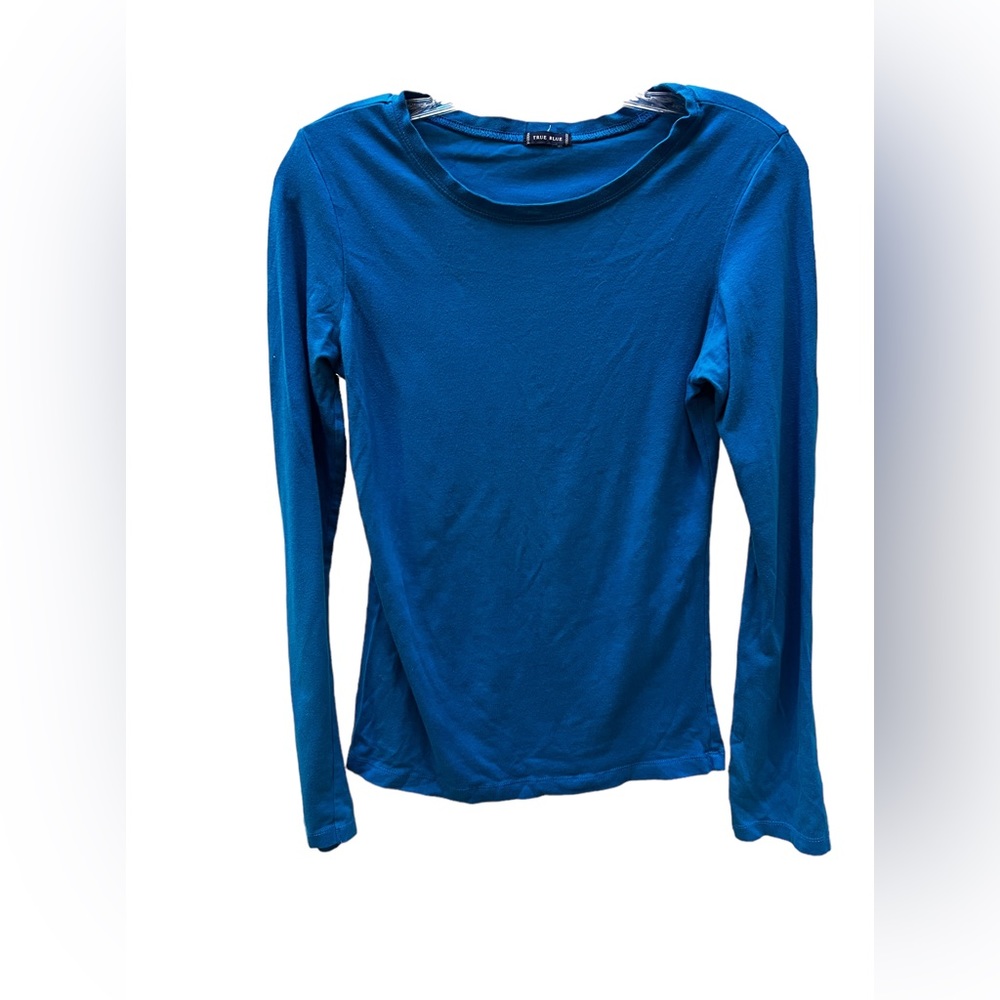 True Blue Cotton/Spandex Blend Long Sleeve Blue T Shirt. Pit to pit is 15.5